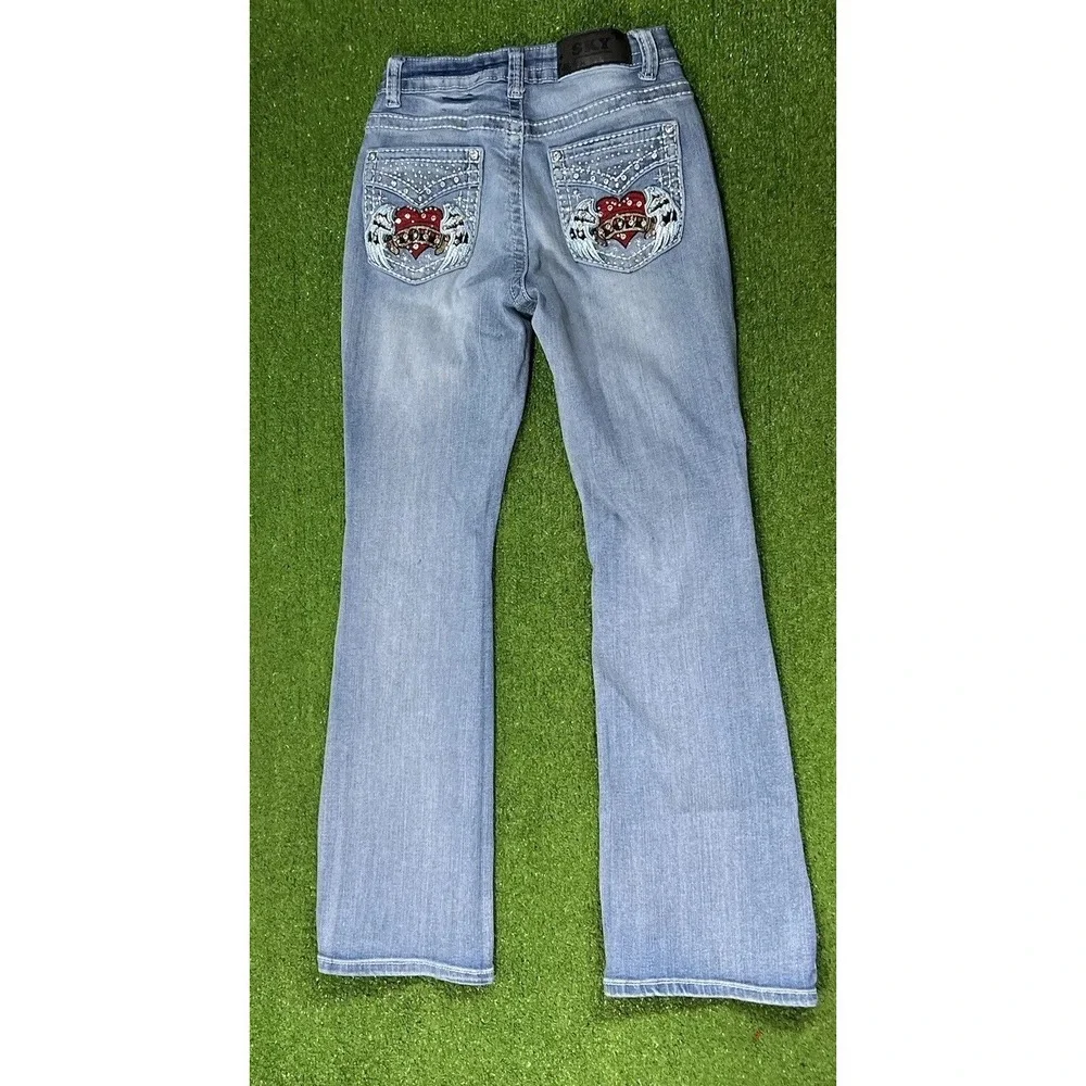 Sky Premium Collection Jeans SZ 5/6 Heart Wings Pocket Embroidered Y2K Vtg Flare - Picture 9 of 10
